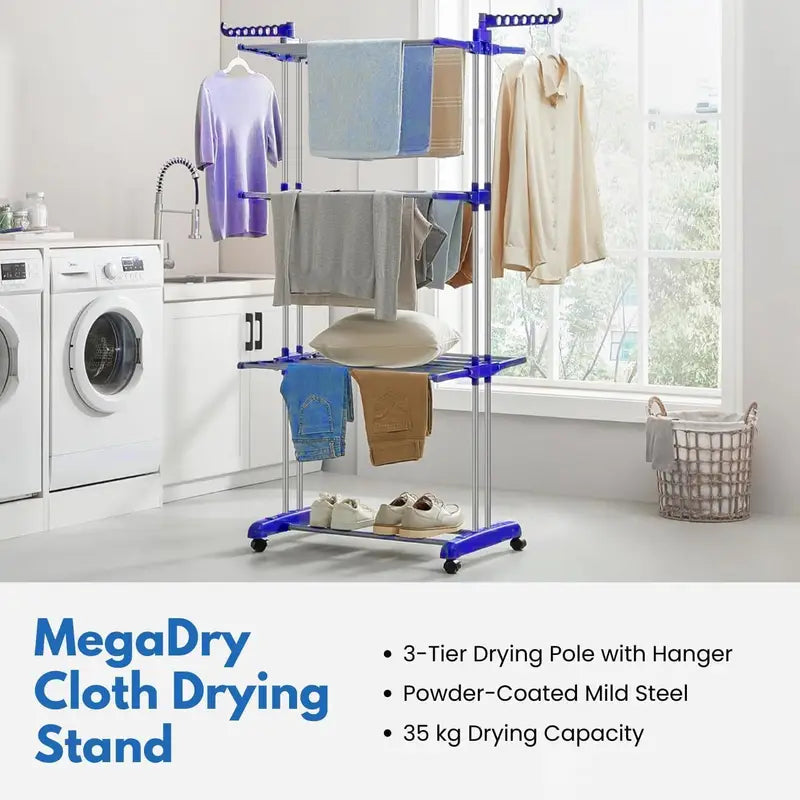 Foldable Heavy-Duty Stainless Steel Clothes Drying Rack with Wheels & Side Arms – Adjustable Indoor/Outdoor Laundry Stand | Space-Saving Organizer