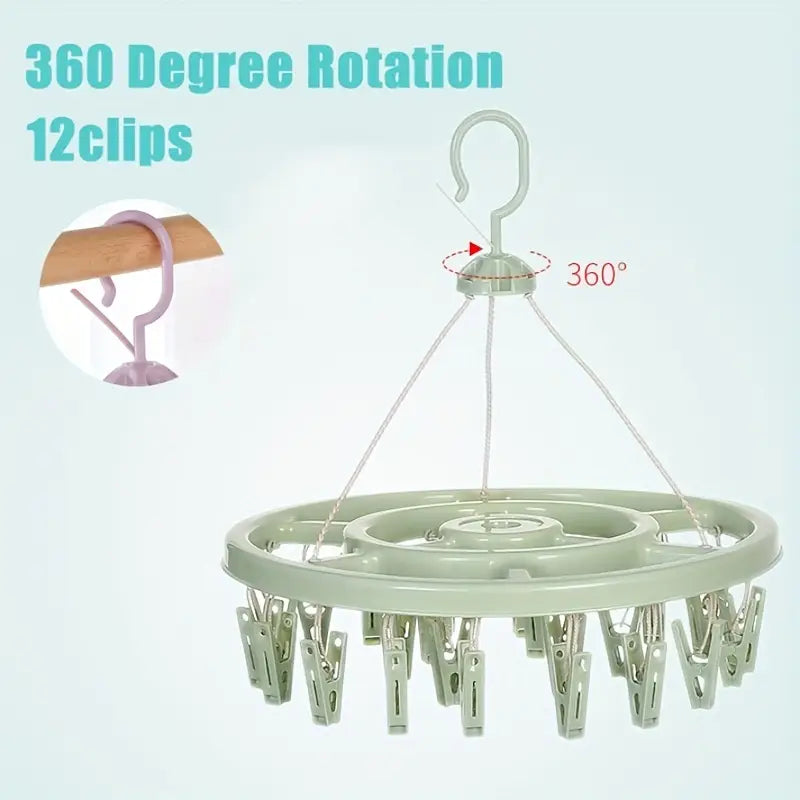 Plastic Round Cloth Drying Hanger – Strong Clips | 360° Rotating Windproof Hook | Space-Saving Clip & Drip Hanger for Socks, Baby Clothes, Underwear, Towels