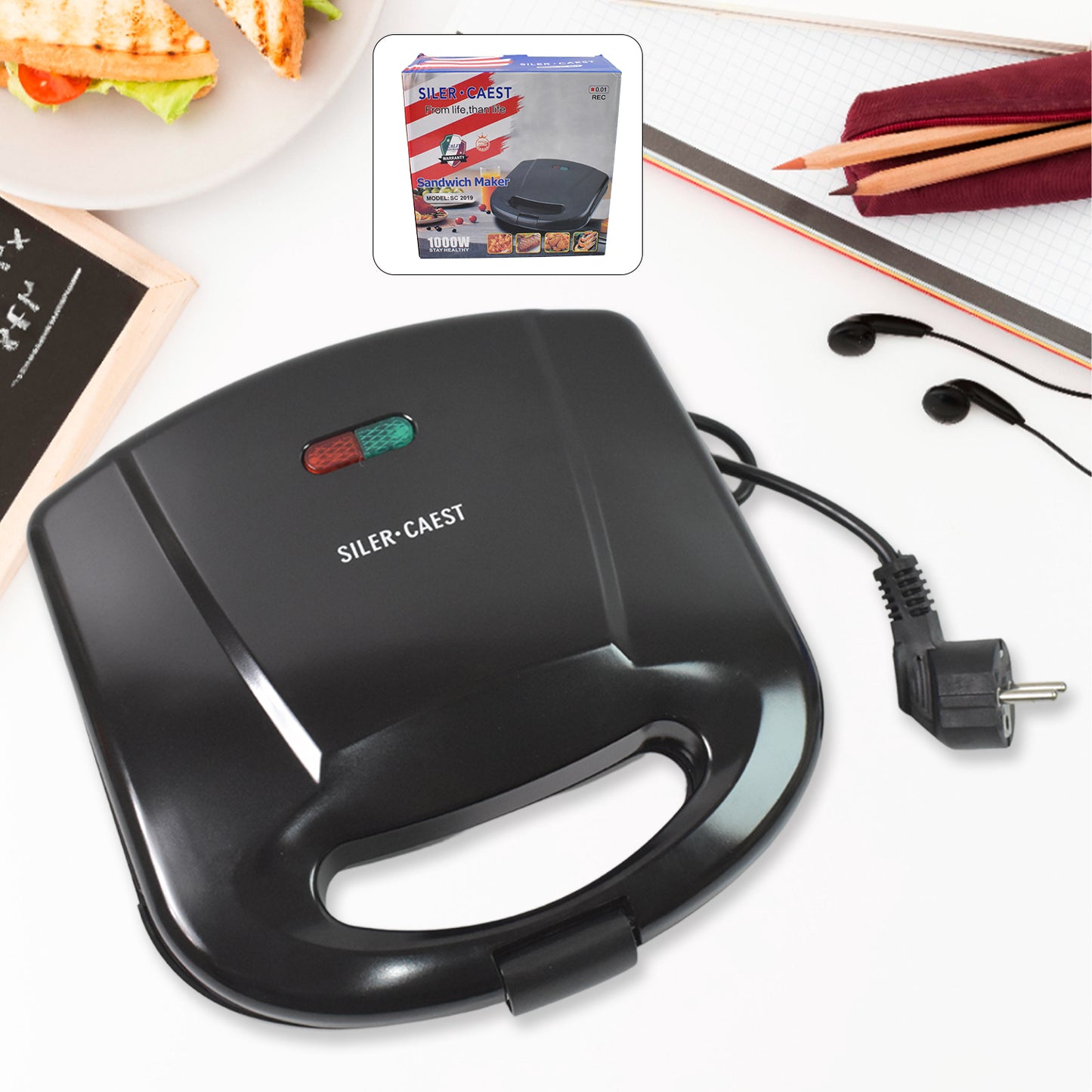 Non-Stick Sandwich Maker with Indicator Lights | Easy-to-Use & Easy-to-Clean | Cool-Touch Handle | Low-Fat Cooking