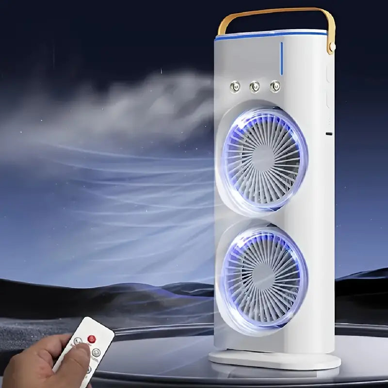 Double Ended Spray Fan with Remote | 3-Speed High-Wind Cooling Fan with Triple Mist Spray & Dual Motors | USB Rechargeable Desktop Air Cooler for Home, Office, Bedroom