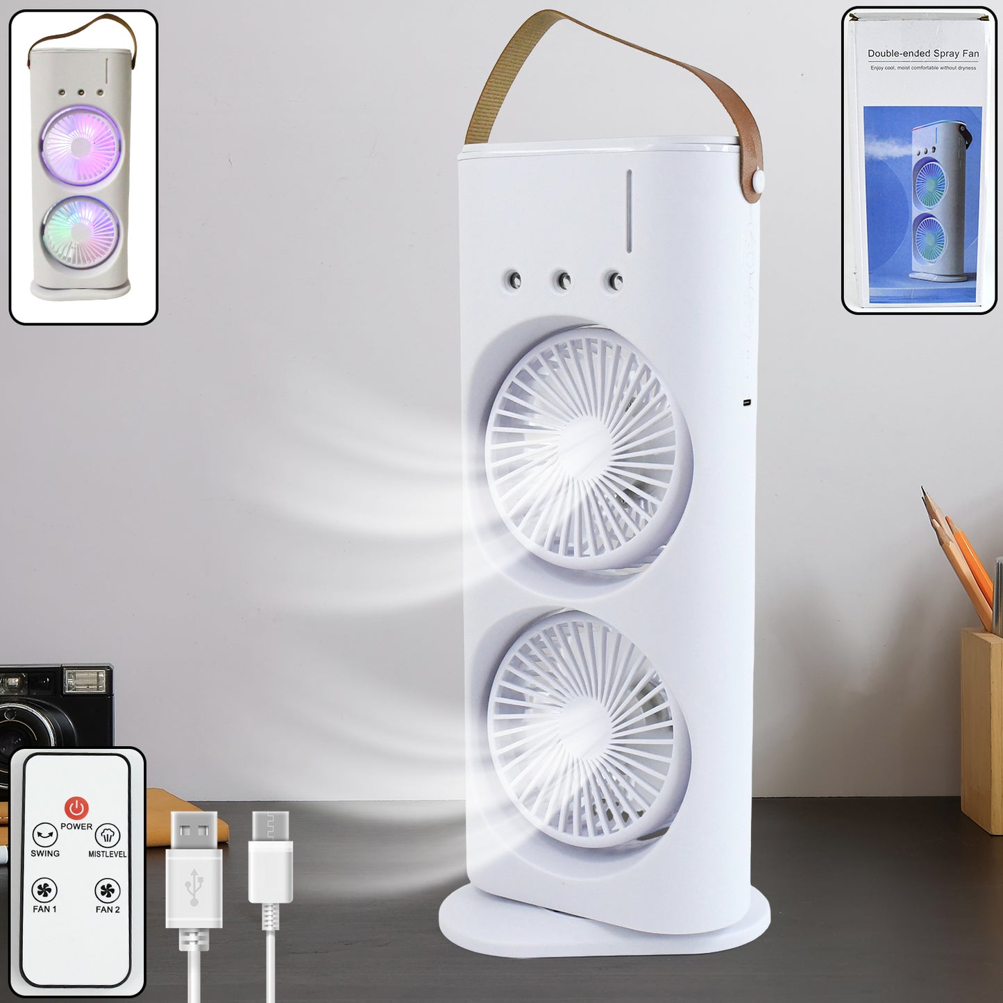 Double Ended Spray Fan with Remote | 3-Speed High-Wind Cooling Fan with Triple Mist Spray & Dual Motors | USB Rechargeable Desktop Air Cooler for Home, Office, Bedroom