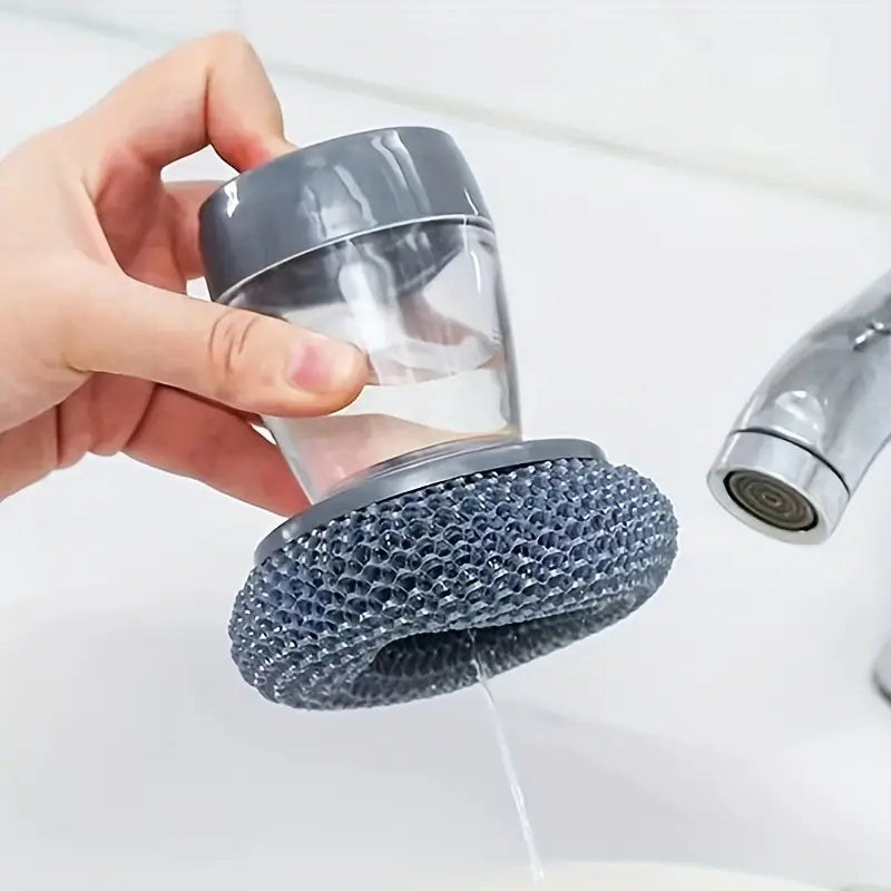 Handheld Soap Dispenser Scrub Brush with Handle | 2-in-1 Dishwashing & Kitchen Cleaning Tool for Sink, Pots, Pans & Non-Stick Cookware