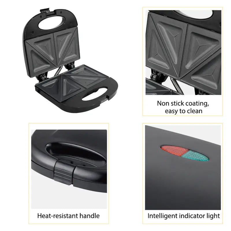 Non-Stick Sandwich Maker with Indicator Lights | Easy-to-Use & Easy-to-Clean | Cool-Touch Handle | Low-Fat Cooking