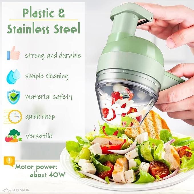 4-in-1 Electric Vegetable Cutter & Chopper Set | Handheld Multifunction Food Slicer, Garlic Masher, Fruit & Veg Chopper with One-Touch Cleaning
