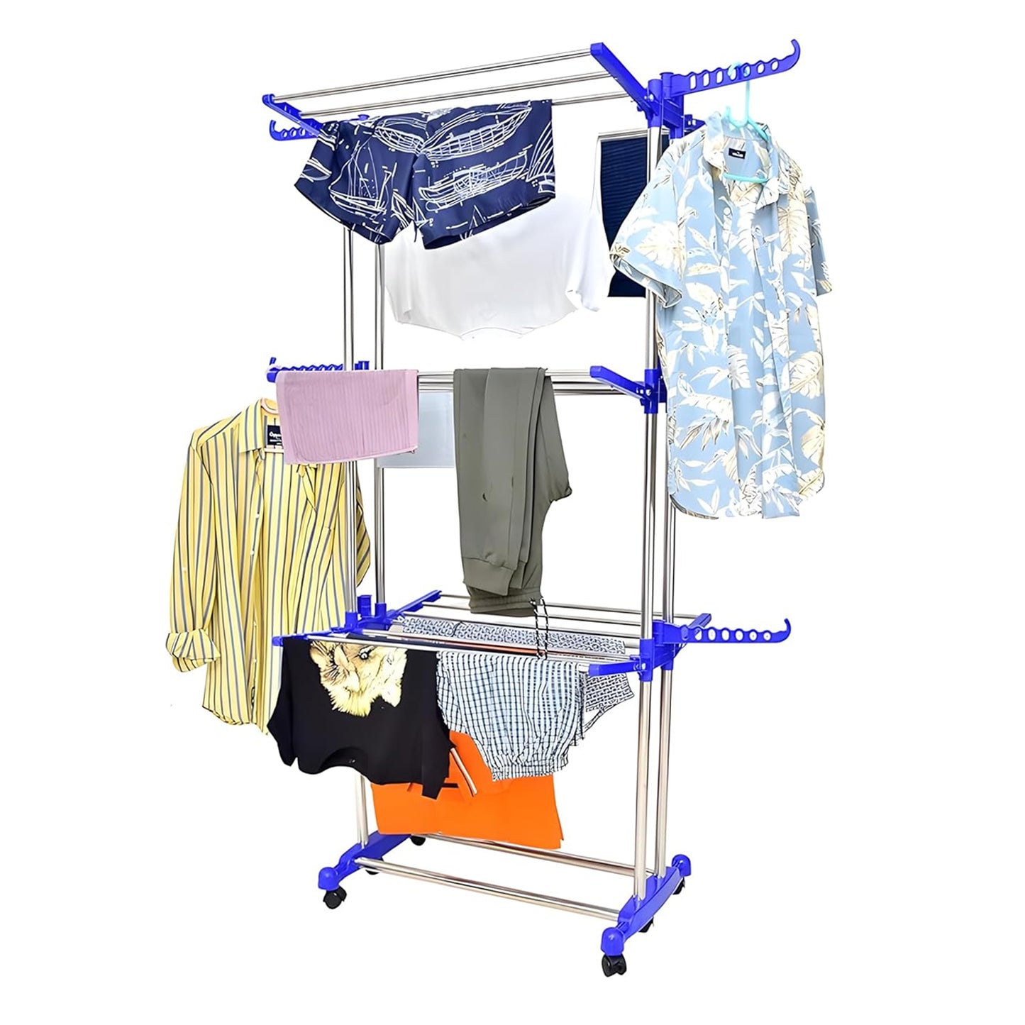 Foldable Heavy-Duty Stainless Steel Clothes Drying Rack with Wheels & Side Arms – Adjustable Indoor/Outdoor Laundry Stand | Space-Saving Organizer