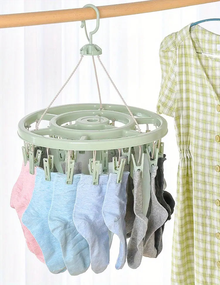 Plastic Round Cloth Drying Hanger – Strong Clips | 360° Rotating Windproof Hook | Space-Saving Clip & Drip Hanger for Socks, Baby Clothes, Underwear, Towels