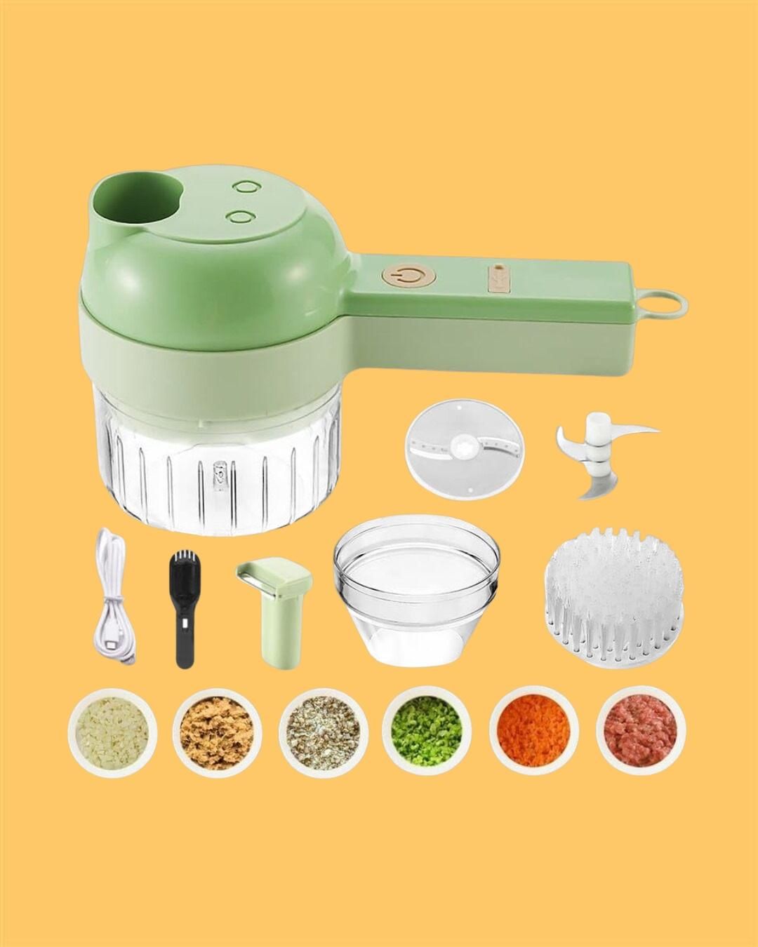 4-in-1 Electric Vegetable Cutter & Chopper Set | Handheld Multifunction Food Slicer, Garlic Masher, Fruit & Veg Chopper with One-Touch Cleaning