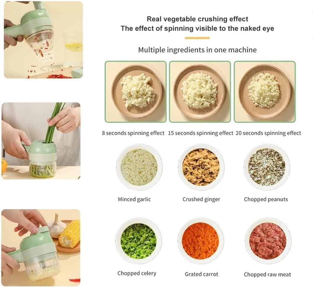 4-in-1 Electric Vegetable Cutter & Chopper Set | Handheld Multifunction Food Slicer, Garlic Masher, Fruit & Veg Chopper with One-Touch Cleaning