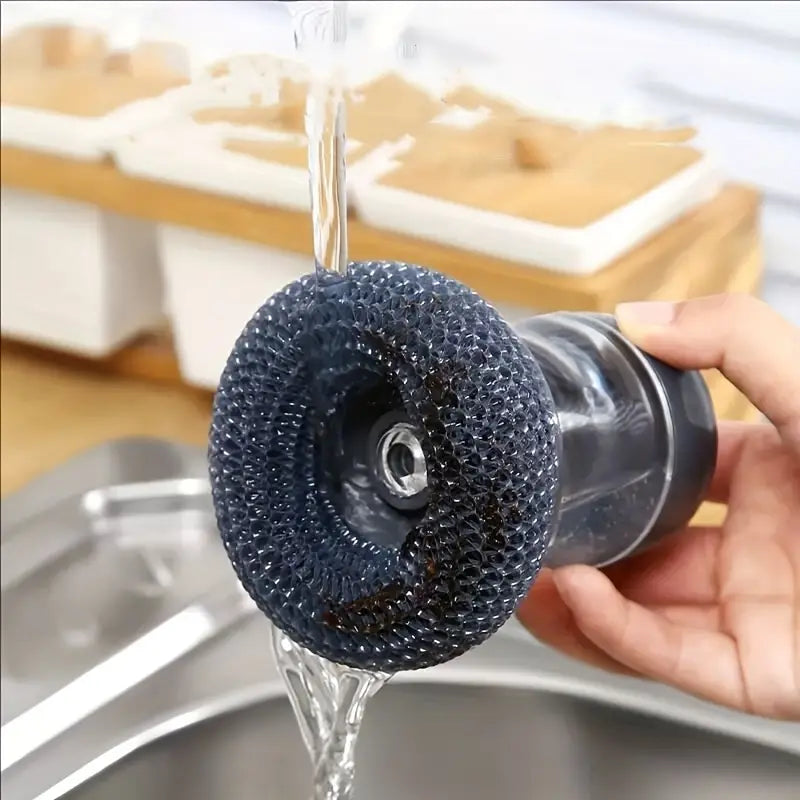 Handheld Soap Dispenser Scrub Brush with Handle | 2-in-1 Dishwashing & Kitchen Cleaning Tool for Sink, Pots, Pans & Non-Stick Cookware