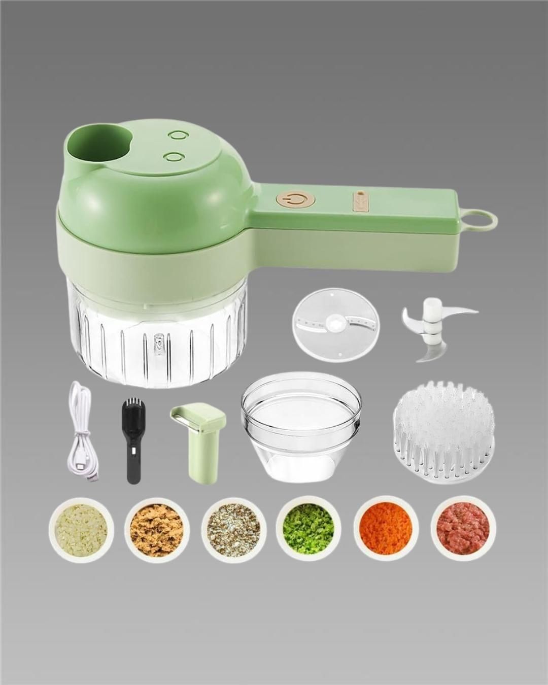 4-in-1 Electric Vegetable Cutter & Chopper Set | Handheld Multifunction Food Slicer, Garlic Masher, Fruit & Veg Chopper with One-Touch Cleaning