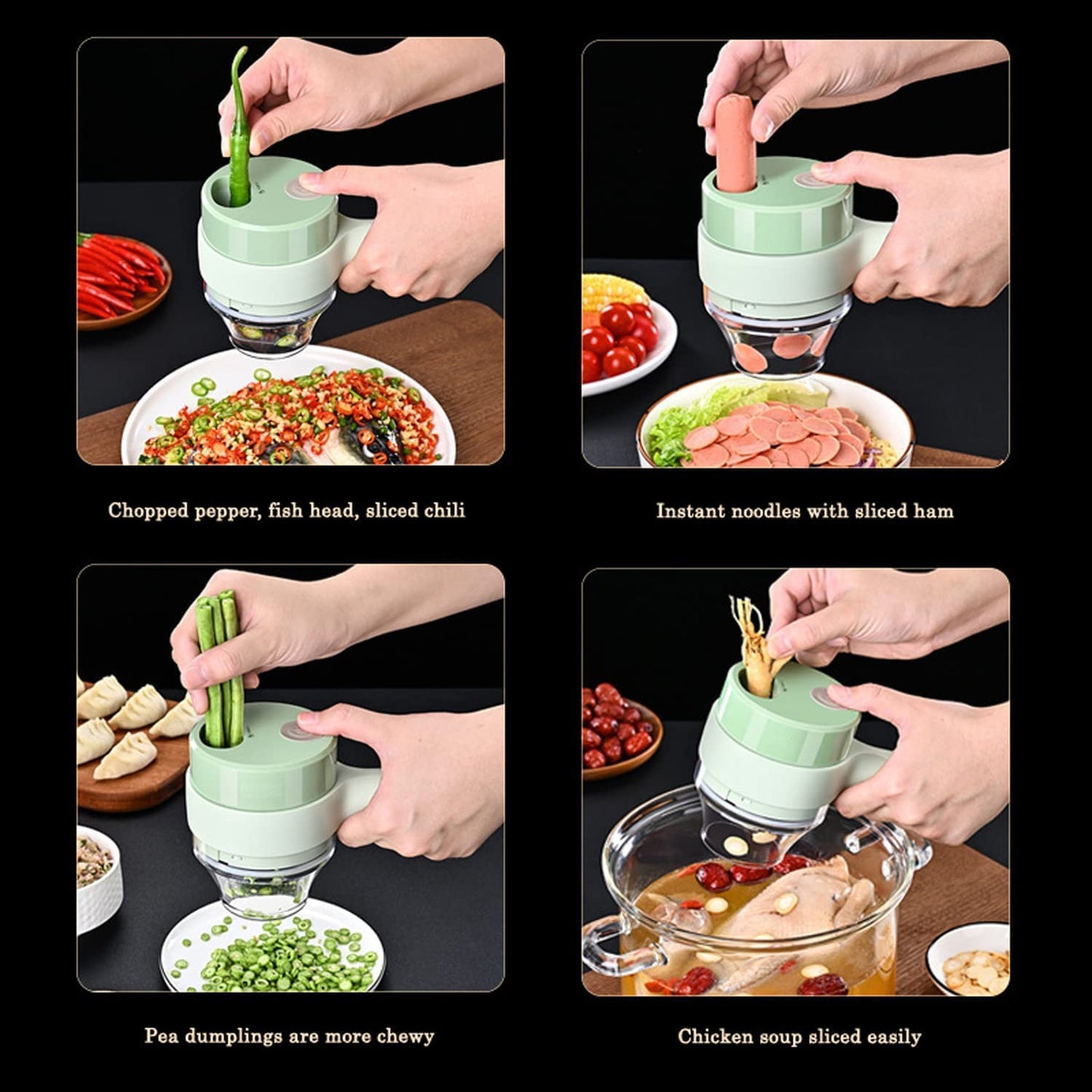 4-in-1 Electric Vegetable Cutter & Chopper Set | Handheld Multifunction Food Slicer, Garlic Masher, Fruit & Veg Chopper with One-Touch Cleaning