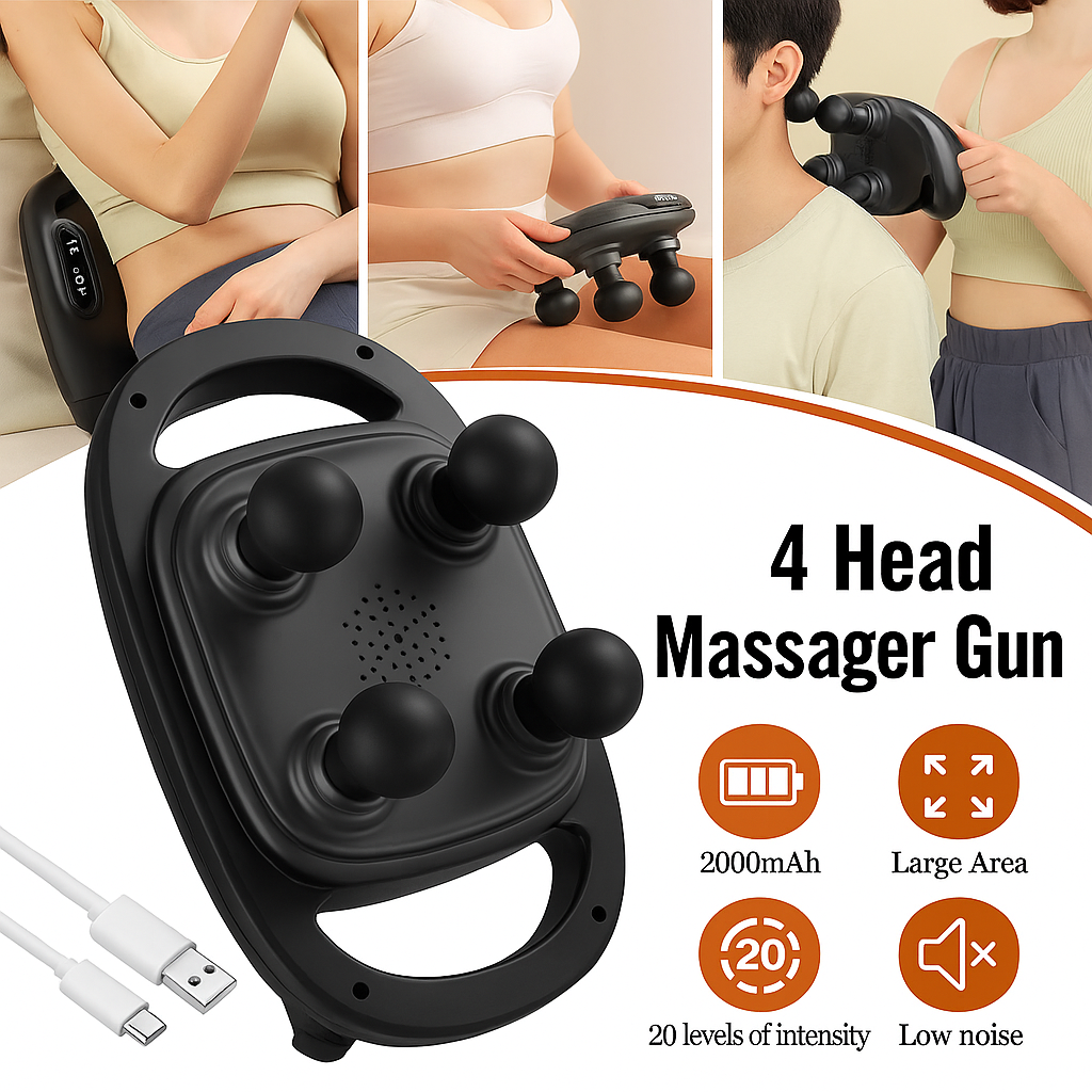 Deep Tissue Massage Gun with 4 Heads – Handheld Electric Massager for Pain Relief & Muscle Recovery – Adjustable Speed, Compact & Portable