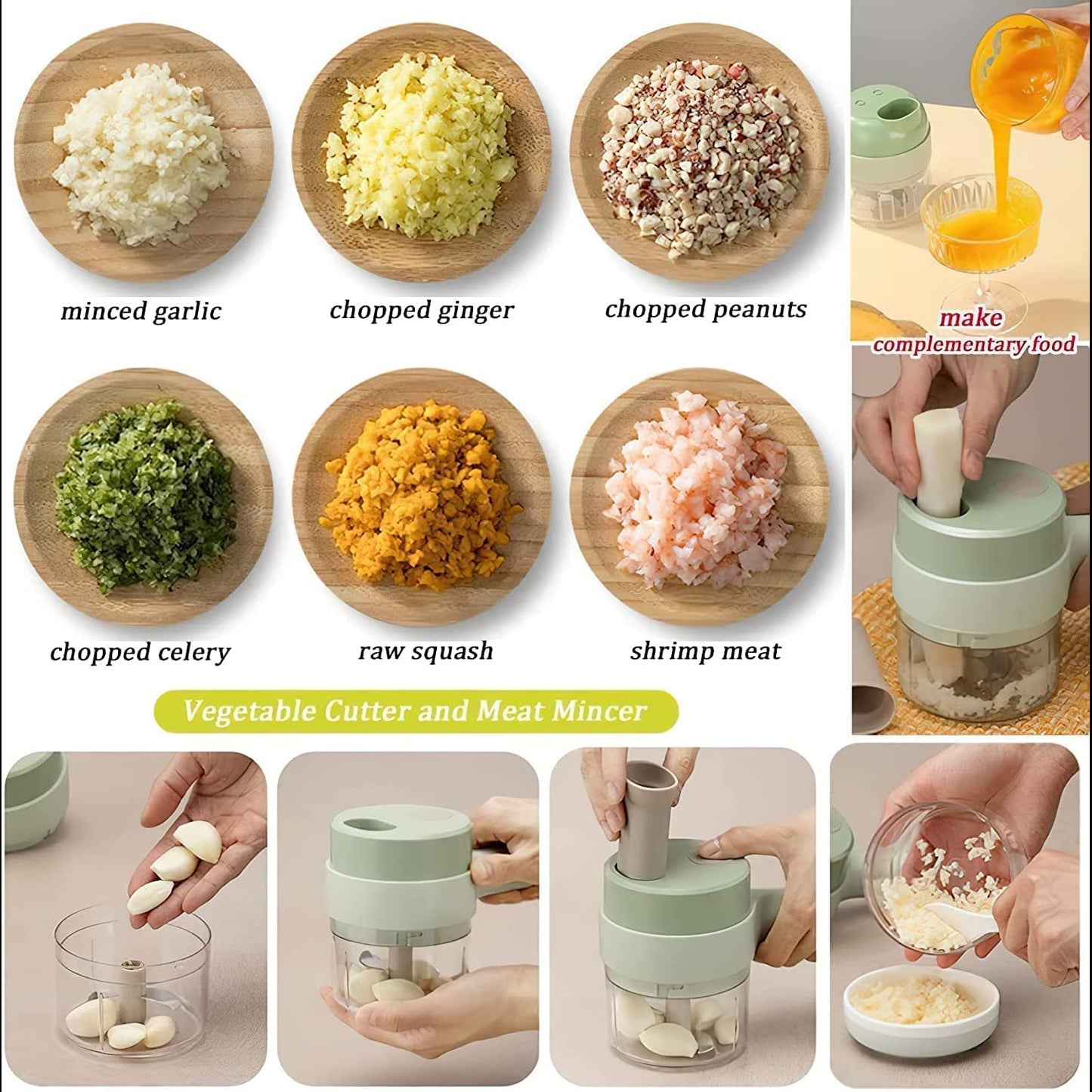 4-in-1 Electric Vegetable Cutter & Chopper Set | Handheld Multifunction Food Slicer, Garlic Masher, Fruit & Veg Chopper with One-Touch Cleaning