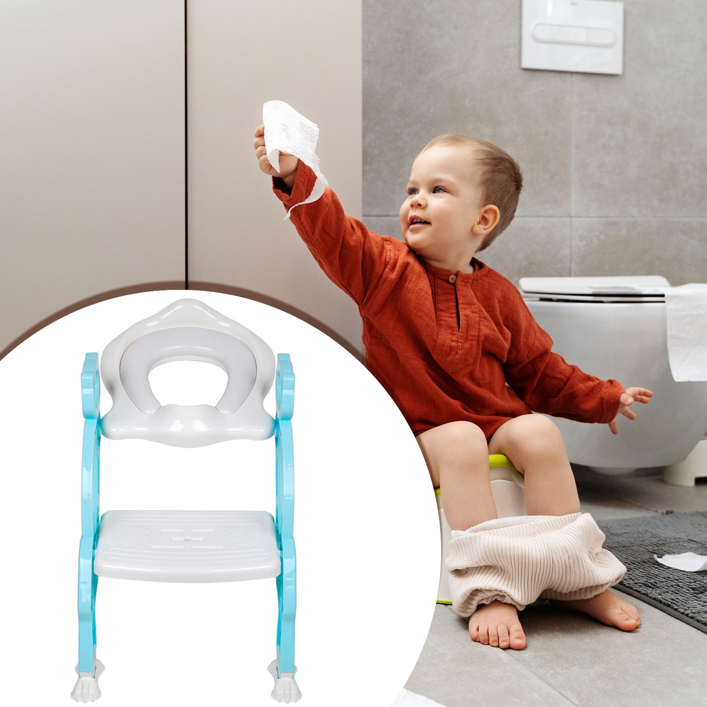 2-in-1 Potty Training Toilet Seat with Step Stool Ladder – Foldable Toddler Toilet Chair with Soft Cushion, Non-Slip Wide Step & Safety Handrails