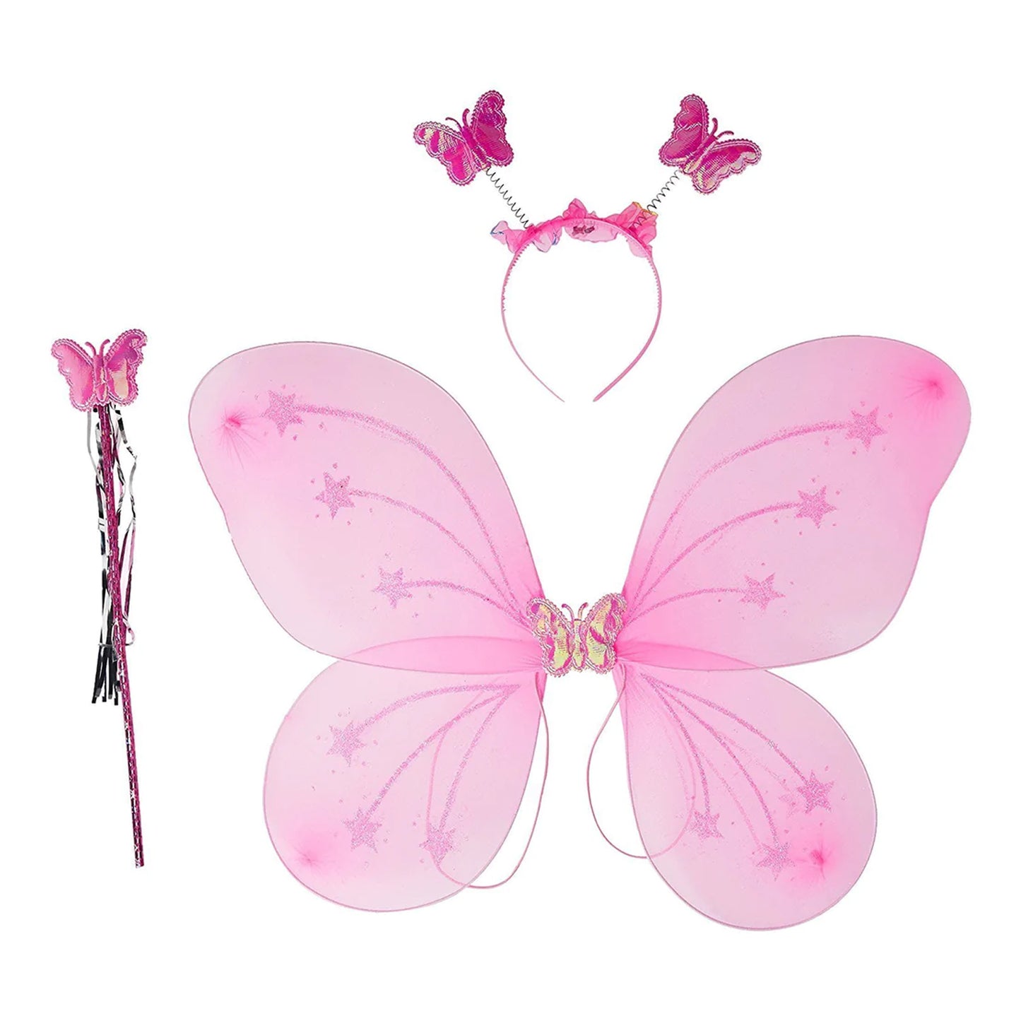 Baby Girl's Fairy Nylon Butterfly Wings Costume – Butterfly Fairy Angel Wings with Wand & Hairband | Multi-Color | Party Dress-Up Accessory