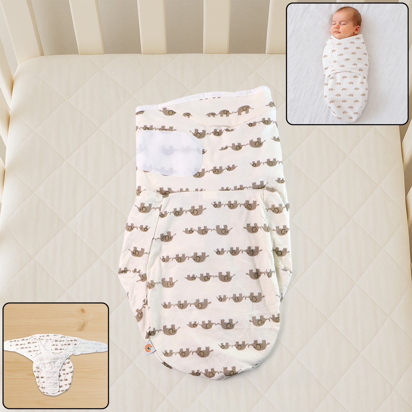 Soft Cotton Adjustable Baby Swaddle Wrap for Newborns – Breathable Infant Sleeping Blanket with Secure Velcro Wings | Adorable Animal Print | Reusable & Machine Washable | 0–3 Months