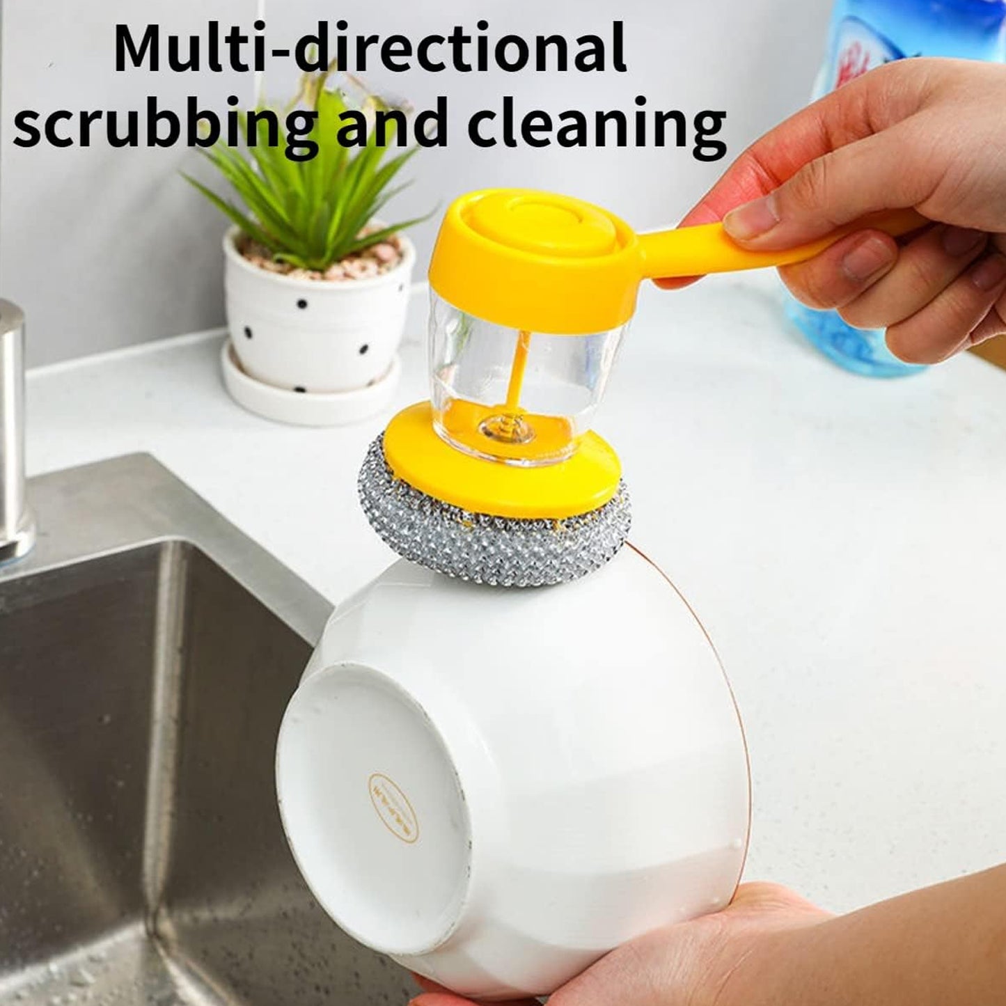 Handheld Soap Dispenser Scrub Brush with Handle | 2-in-1 Dishwashing & Kitchen Cleaning Tool for Sink, Pots, Pans & Non-Stick Cookware