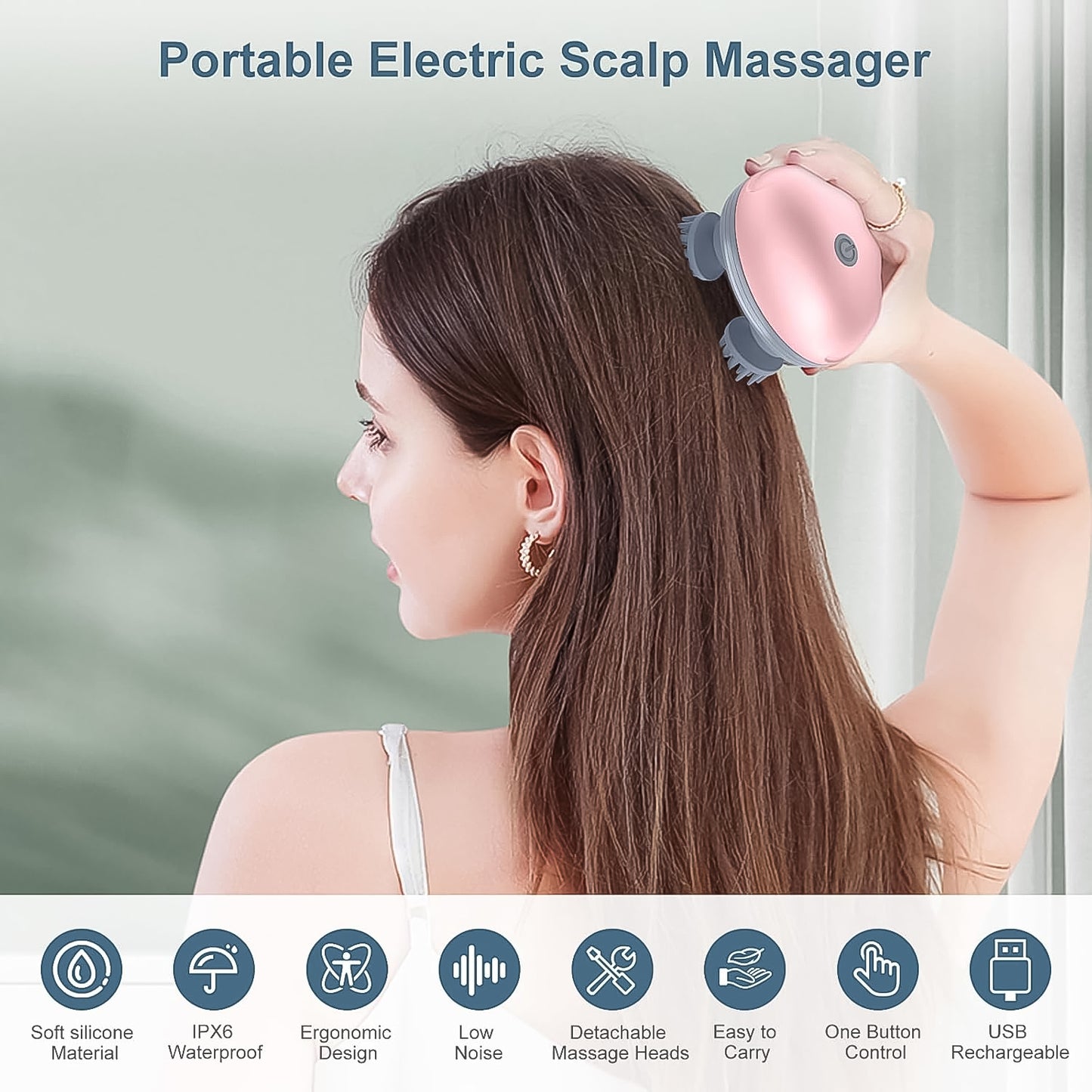 Smart Electric Scalp & Body Massager – Handheld Vibration Tool with 4 Detachable Heads | USB Rechargeable, Waterproof, Full Body Relaxation