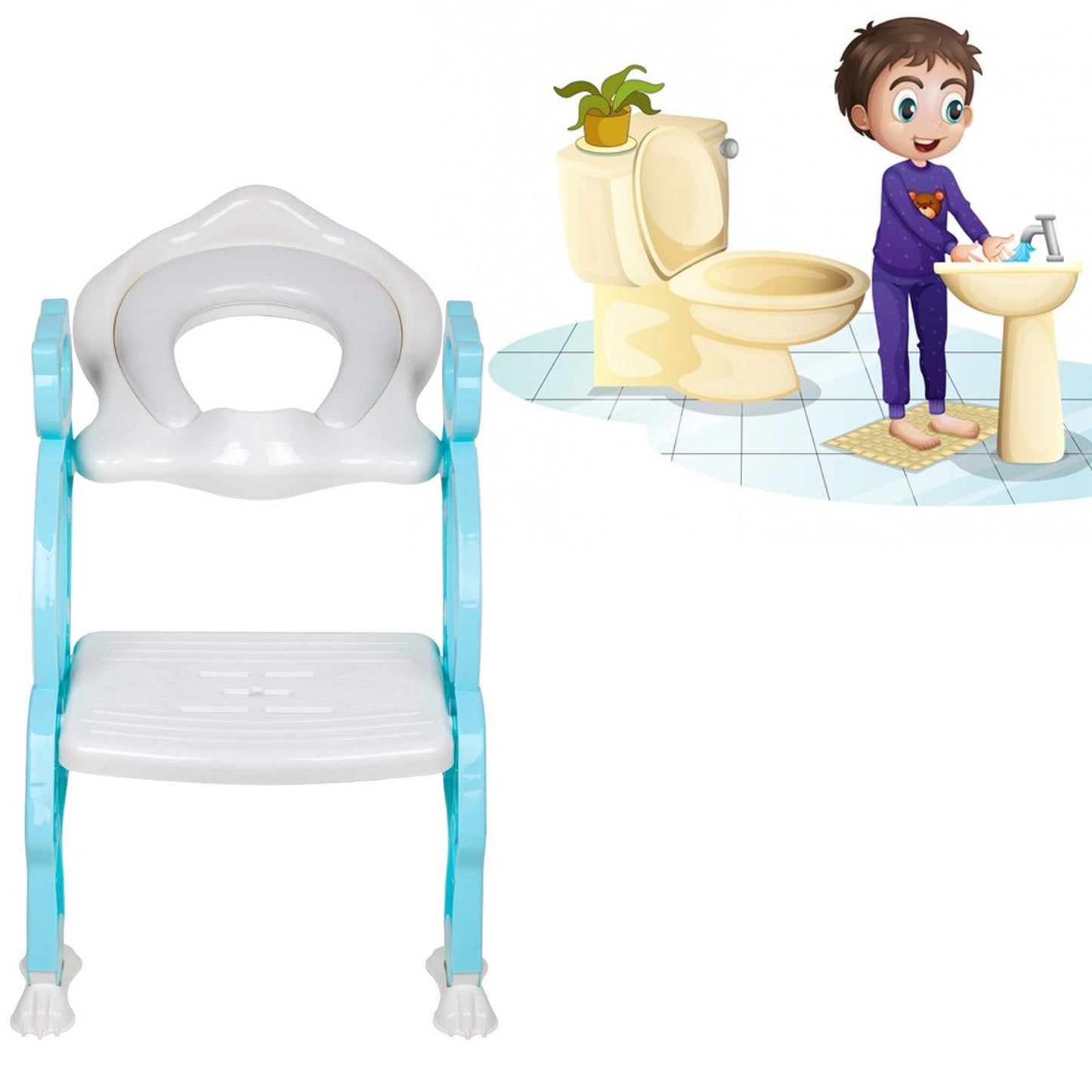 2-in-1 Potty Training Toilet Seat with Step Stool Ladder – Foldable Toddler Toilet Chair with Soft Cushion, Non-Slip Wide Step & Safety Handrails