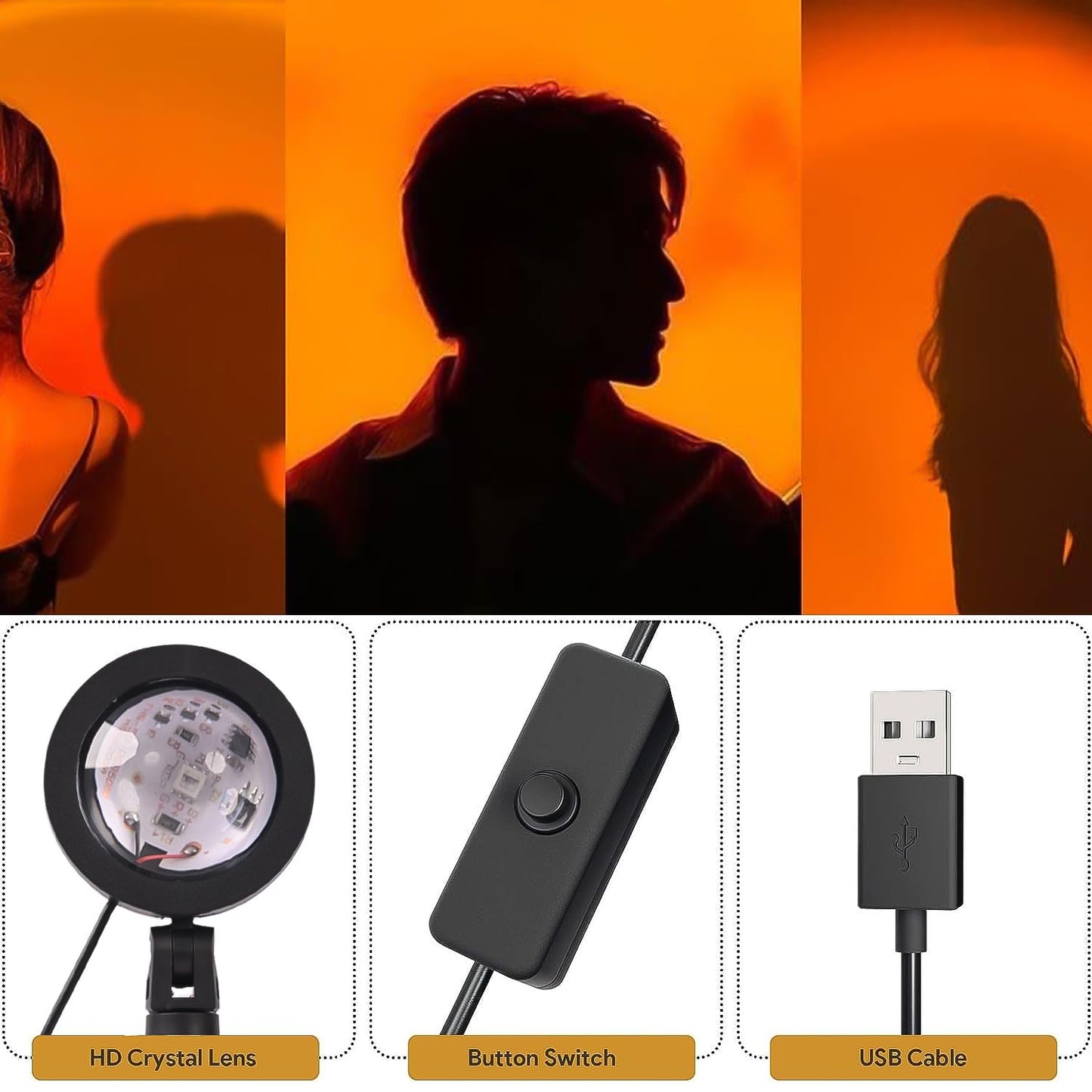 4 Colors Sunset Lamp | LED Projection Night Light with 360° Rotation & Adjustable Height | Sunset/Sunlight/Sunset-Red/Rainbow | USB Powered Room Decor Light for Photography, Bedroom, Gifts