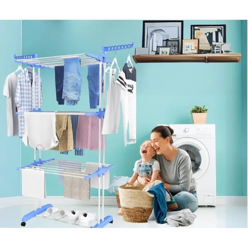 Foldable Heavy-Duty Stainless Steel Clothes Drying Rack with Wheels & Side Arms – Adjustable Indoor/Outdoor Laundry Stand | Space-Saving Organizer