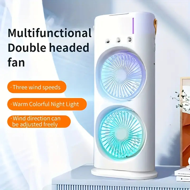 Double Ended Spray Fan with Remote | 3-Speed High-Wind Cooling Fan with Triple Mist Spray & Dual Motors | USB Rechargeable Desktop Air Cooler for Home, Office, Bedroom