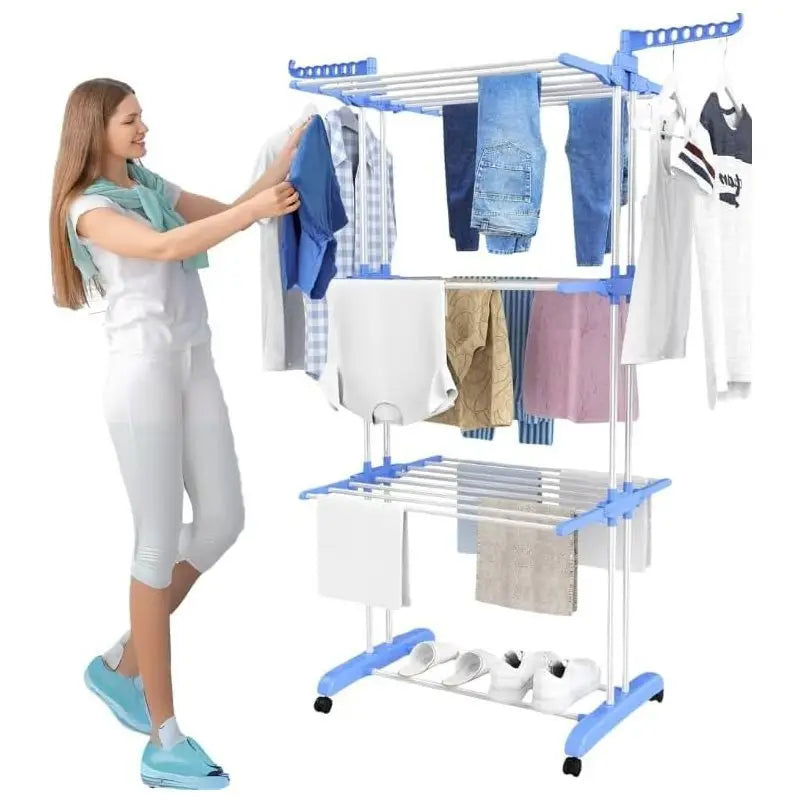 Foldable Heavy-Duty Stainless Steel Clothes Drying Rack with Wheels & Side Arms – Adjustable Indoor/Outdoor Laundry Stand | Space-Saving Organizer
