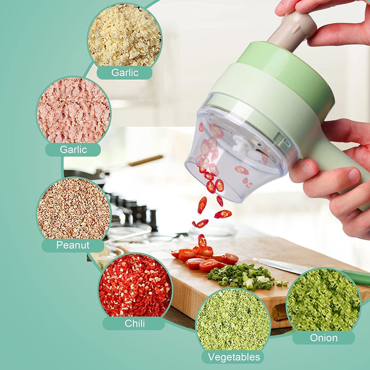 4-in-1 Electric Vegetable Cutter & Chopper Set | Handheld Multifunction Food Slicer, Garlic Masher, Fruit & Veg Chopper with One-Touch Cleaning