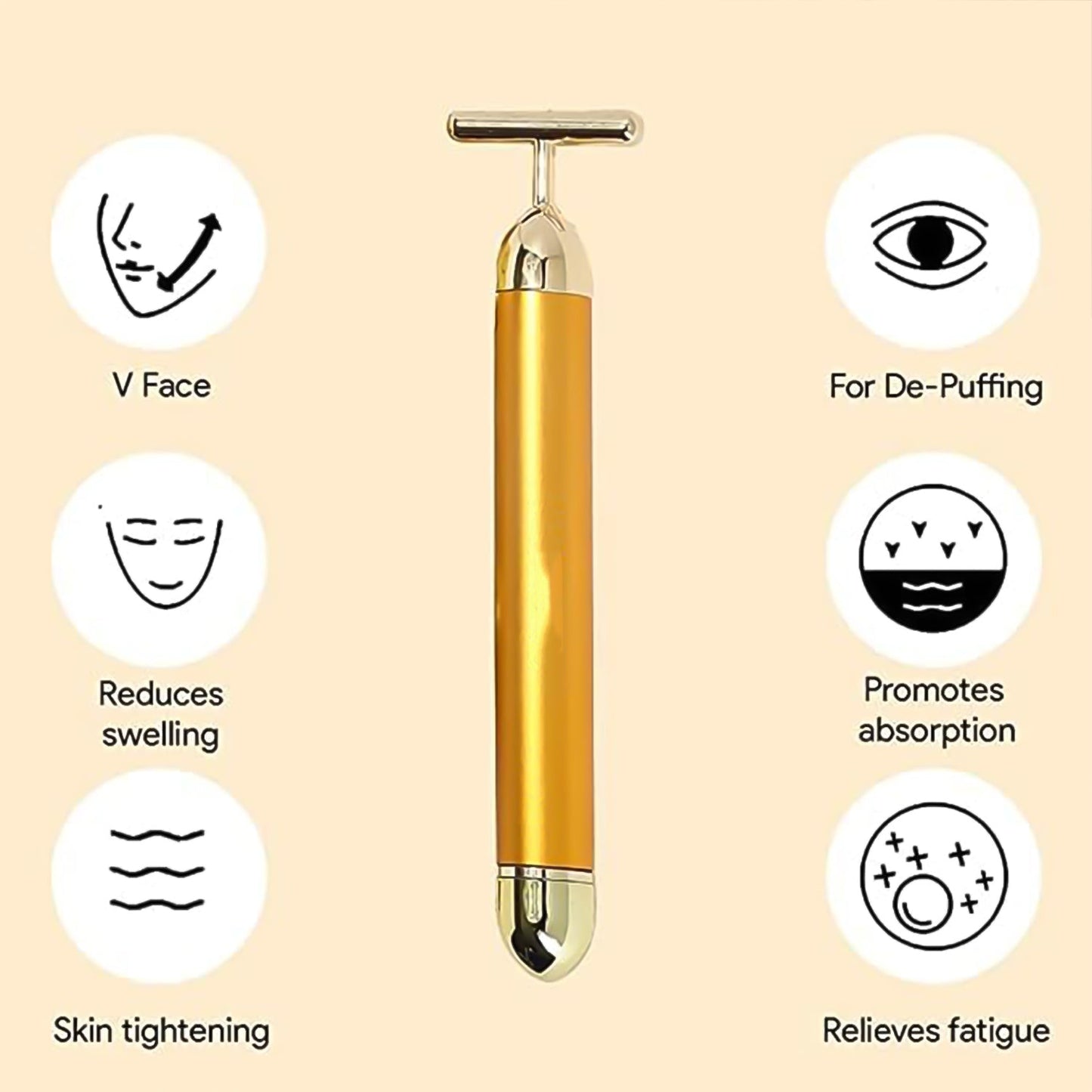 Golden Energy Face Massager – Vibrating T-Shape Beauty Bar for Skin Rejuvenation & Facial Lift | Waterproof, Battery-Operated Facial Massage Tool for Women & Men