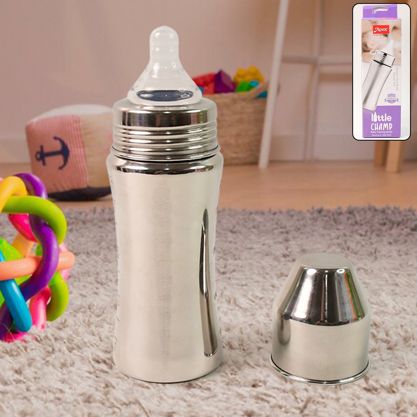PureSip Baby Feeding Bottle – 250ml Stainless Steel with Anti-Colic Silicone Nipple