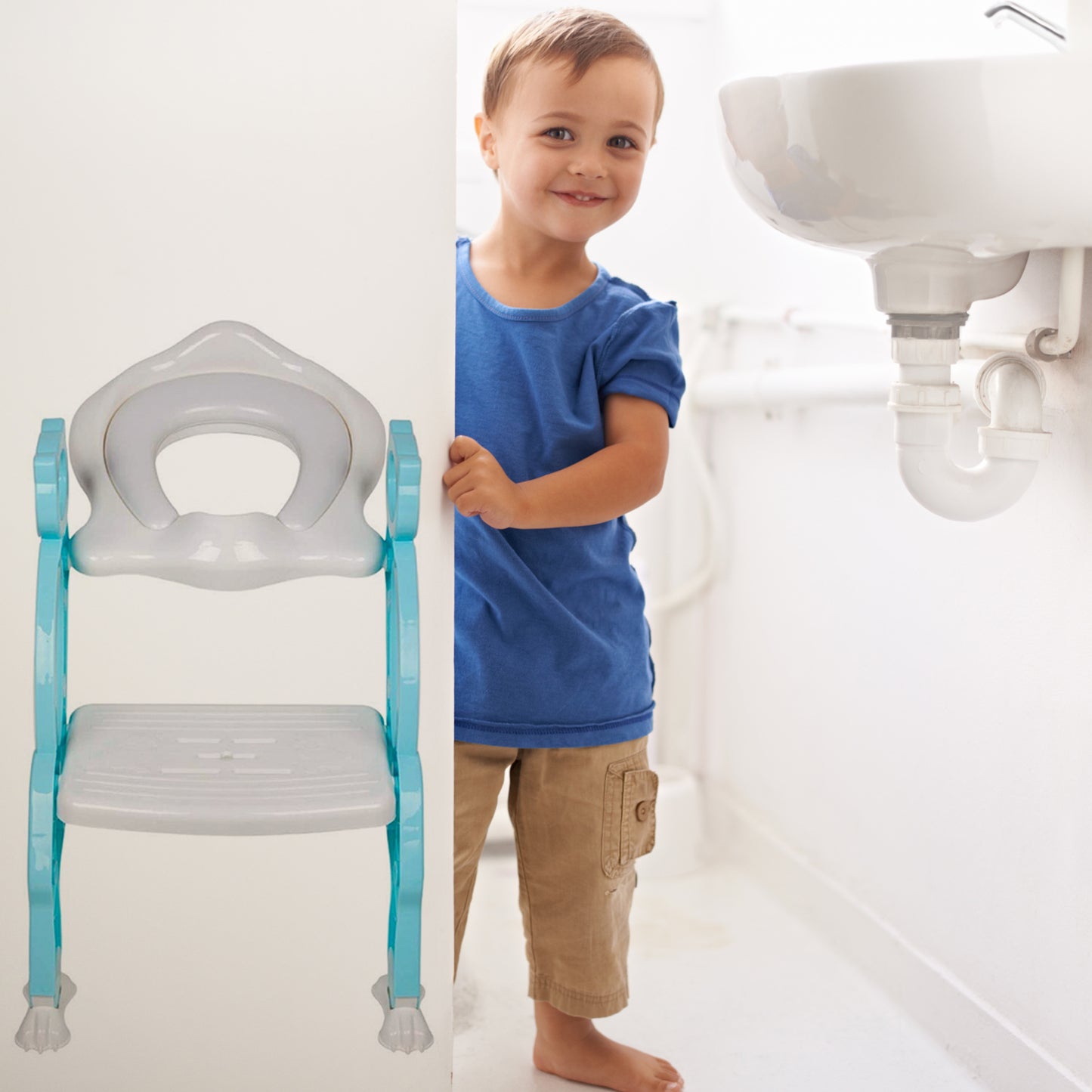 2-in-1 Potty Training Toilet Seat with Step Stool Ladder – Foldable Toddler Toilet Chair with Soft Cushion, Non-Slip Wide Step & Safety Handrails