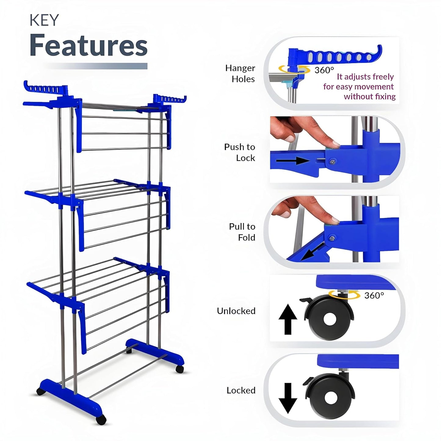 Foldable Heavy-Duty Stainless Steel Clothes Drying Rack with Wheels & Side Arms – Adjustable Indoor/Outdoor Laundry Stand | Space-Saving Organizer