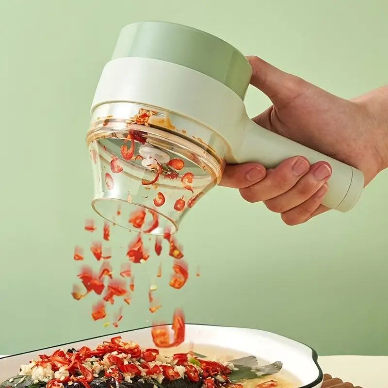 4-in-1 Electric Vegetable Cutter & Chopper Set | Handheld Multifunction Food Slicer, Garlic Masher, Fruit & Veg Chopper with One-Touch Cleaning