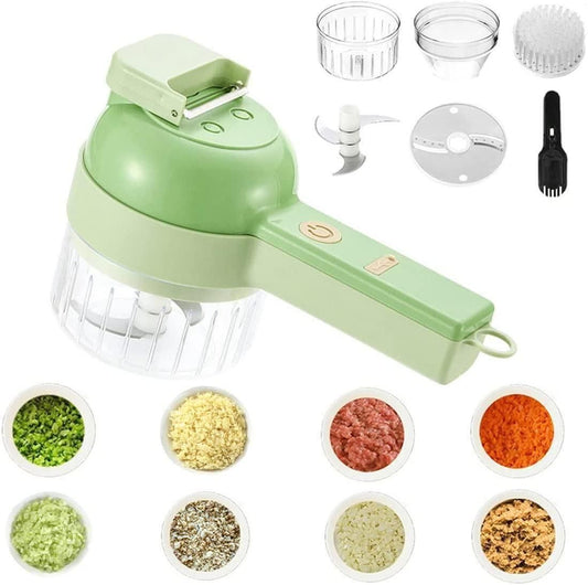4-in-1 Electric Vegetable Cutter & Chopper Set | Handheld Multifunction Food Slicer, Garlic Masher, Fruit & Veg Chopper with One-Touch Cleaning