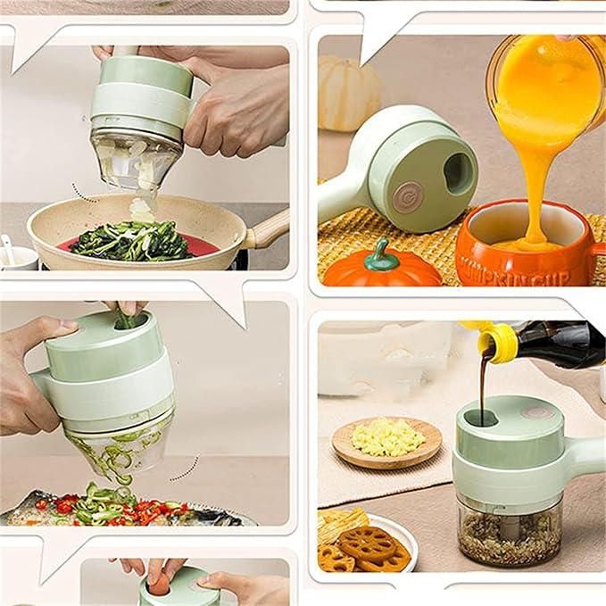 4-in-1 Electric Vegetable Cutter & Chopper Set | Handheld Multifunction Food Slicer, Garlic Masher, Fruit & Veg Chopper with One-Touch Cleaning