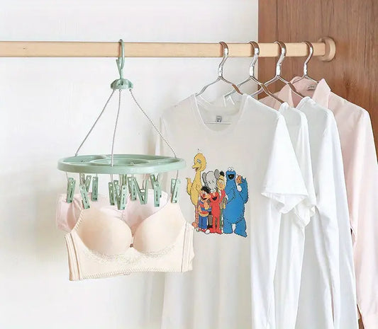 Plastic Round Cloth Drying Hanger – Strong Clips | 360° Rotating Windproof Hook | Space-Saving Clip &amp; Drip Hanger for Socks, Baby Clothes, Underwear, Towels