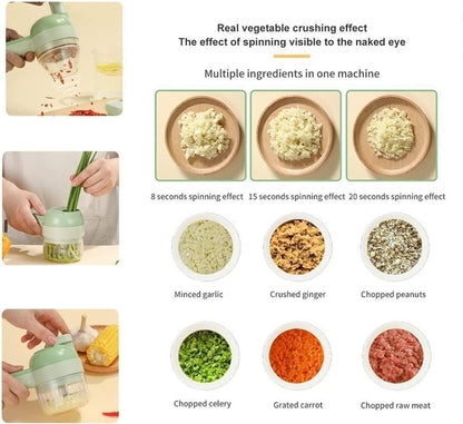 4-in-1 Electric Vegetable Cutter & Chopper Set | Handheld Multifunction Food Slicer, Garlic Masher, Fruit & Veg Chopper with One-Touch Cleaning