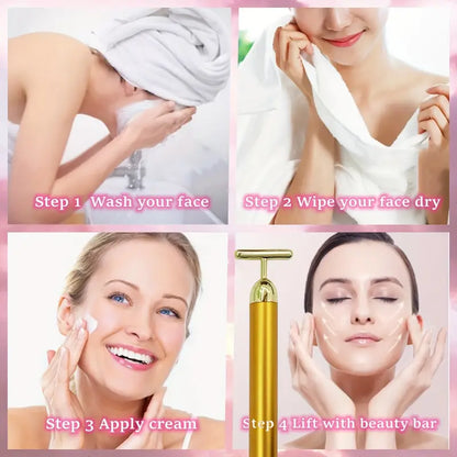 Golden Energy Face Massager – Vibrating T-Shape Beauty Bar for Skin Rejuvenation & Facial Lift | Waterproof, Battery-Operated Facial Massage Tool for Women & Men