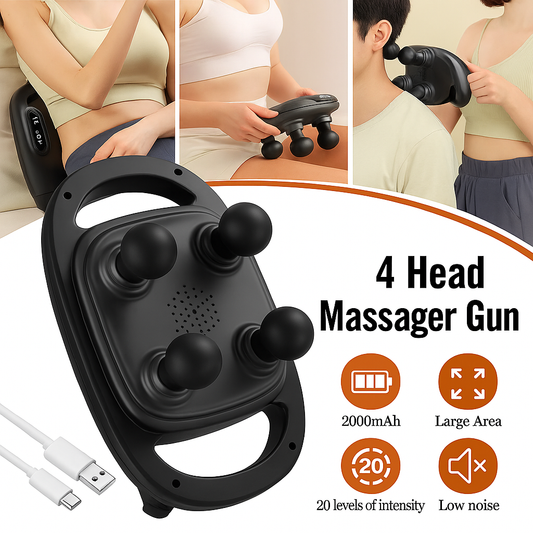 Deep Tissue Massage Gun with 4 Heads – Handheld Electric Massager for Pain Relief & Muscle Recovery – Adjustable Speed, Compact & Portable