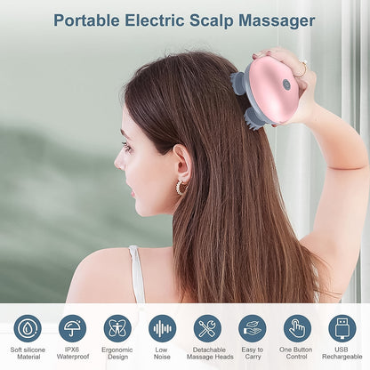 Smart Electric Scalp & Body Massager – Handheld Vibration Tool with 4 Detachable Heads | USB Rechargeable, Waterproof, Full Body Relaxation