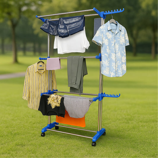 Foldable Heavy-Duty Stainless Steel Clothes Drying Rack with Wheels & Side Arms – Adjustable Indoor/Outdoor Laundry Stand | Space-Saving Organizer