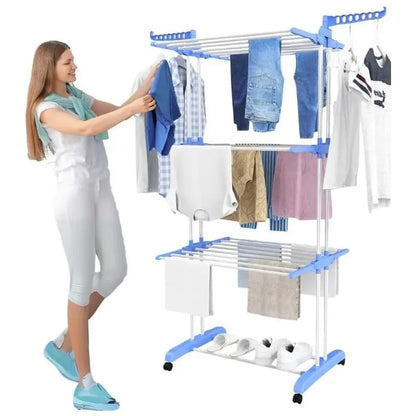 Foldable Heavy-Duty Stainless Steel Clothes Drying Rack with Wheels & Side Arms – Adjustable Indoor/Outdoor Laundry Stand | Space-Saving Organizer