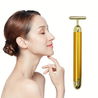 Golden Energy Face Massager – Vibrating T-Shape Beauty Bar for Skin Rejuvenation & Facial Lift | Waterproof, Battery-Operated Facial Massage Tool for Women & Men
